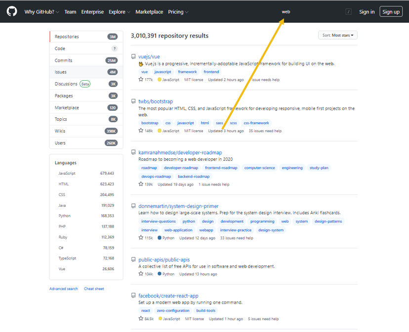 GitHub web search