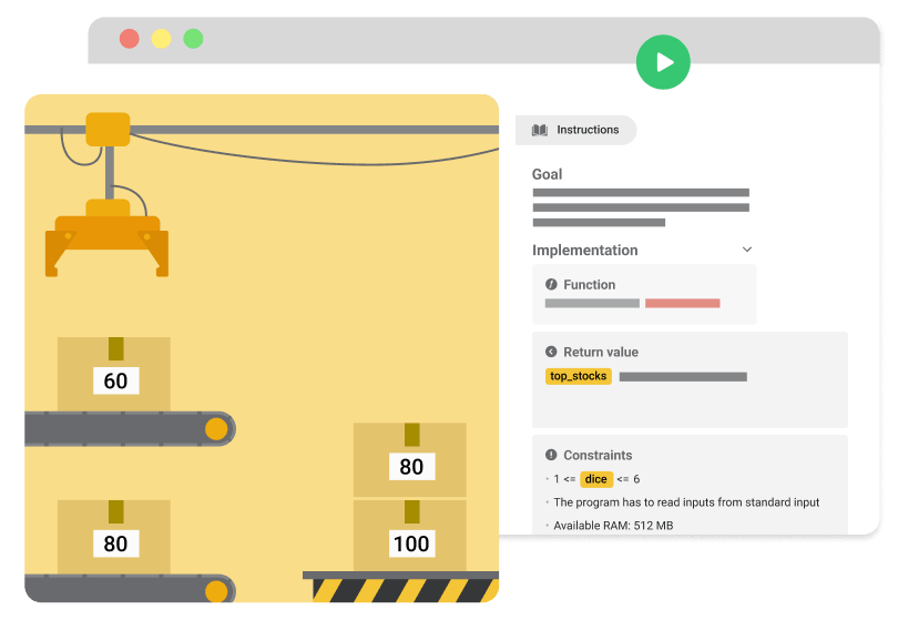 CoderPad Screen propose des exercices de code basés sur le jeux, pertinents et engageants.